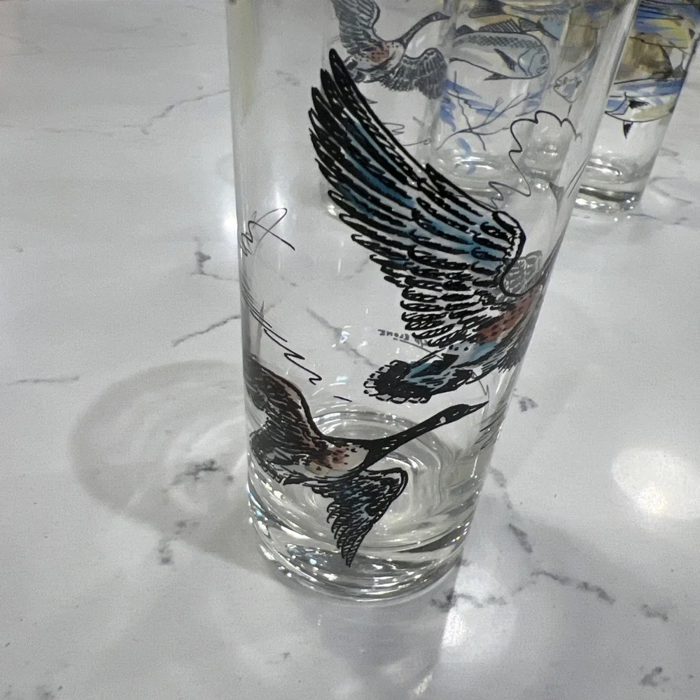 Vintage 1960s Cocktail Tumblers Geese/Fish MCM Retro Glasses Retro Barware